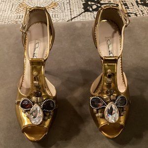 Oscar de la Renta Metallic Gold-Tone Embellished Heels 5